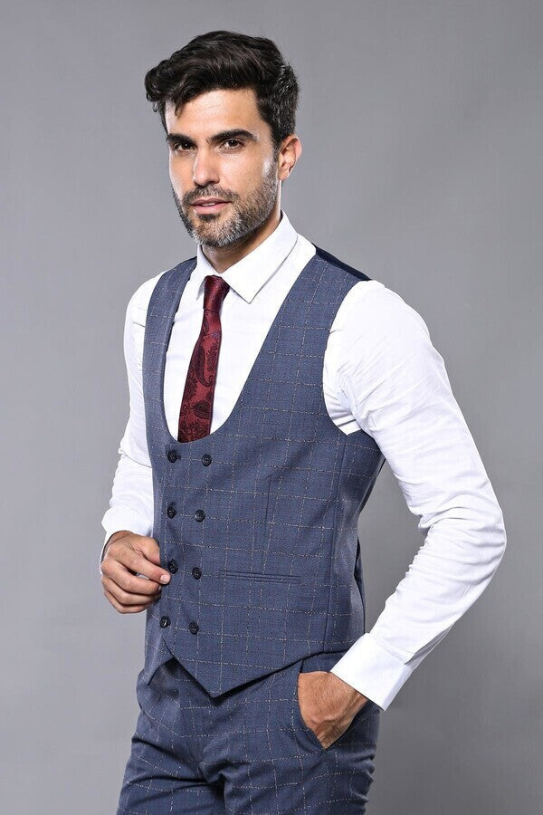 Dark Blue Vested Checked Men Suit | Wessi