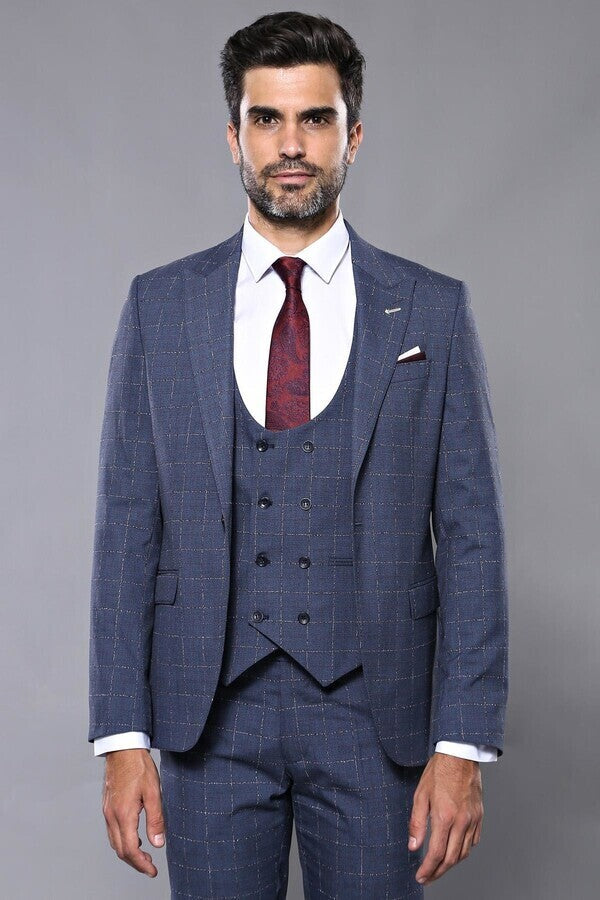 Dark Blue Vested Checked Men Suit | Wessi