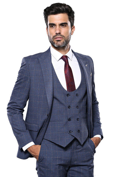 Dark Blue Vested Checked Men Suit | Wessi