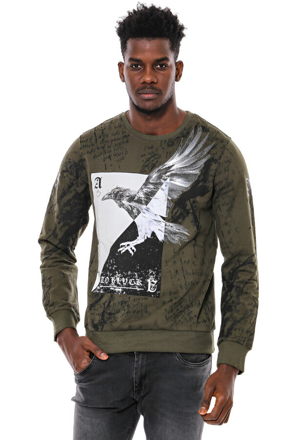 Dark Green Patterned Slim Fit Sweatshirt - Wessi