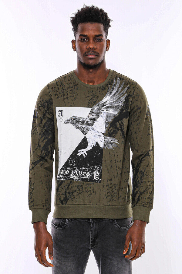 Dark Green Patterned Slim Fit Sweatshirt - Wessi