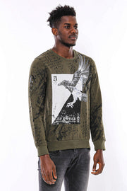 Dark Green Patterned Slim Fit Sweatshirt - Wessi