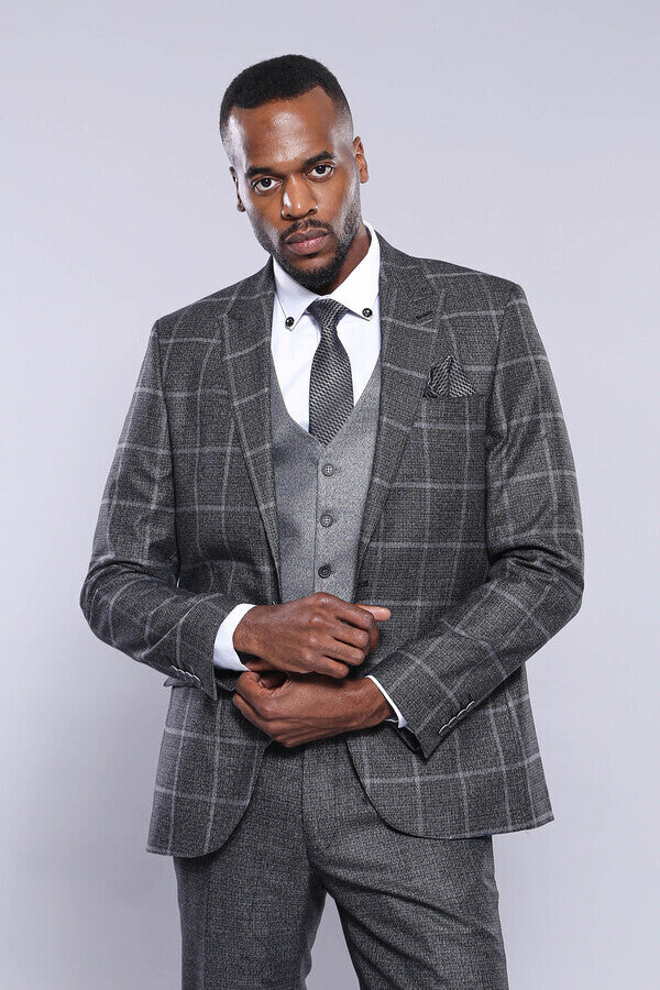 Anthracite  Blue Plaid 3 Piece Slim Fit Suit - Wessi