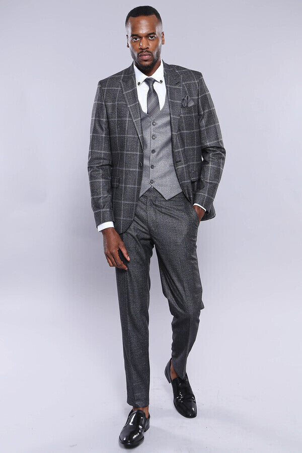 Anthracite  Blue Plaid 3 Piece Slim Fit Suit - Wessi