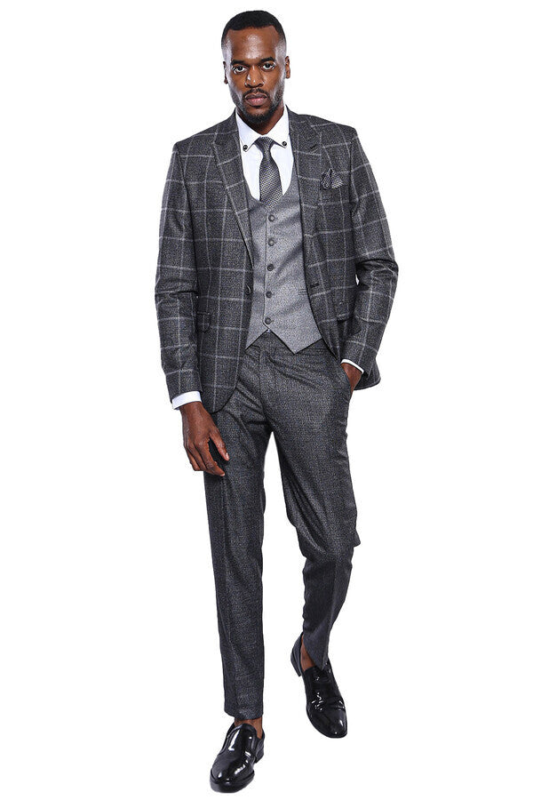 Anthracite  Blue Plaid 3 Piece Slim Fit Suit - Wessi