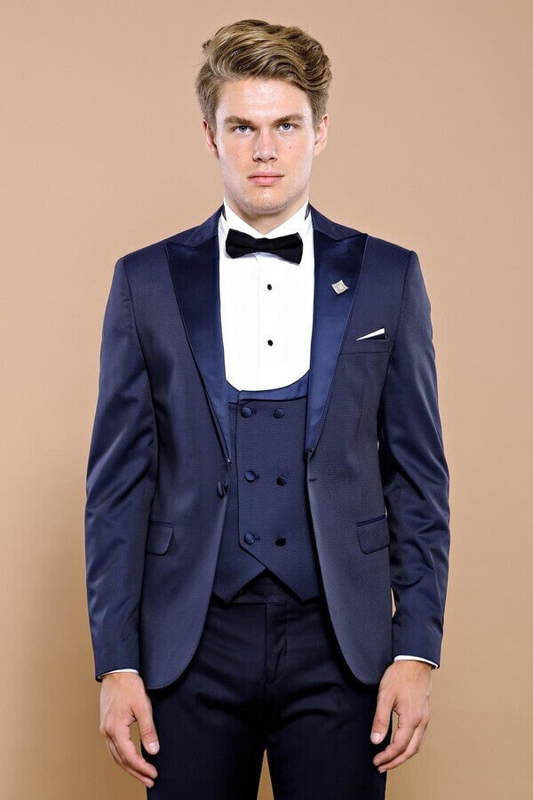 Detachable Lapel Navy Blue Men Tuxedo - Wessi