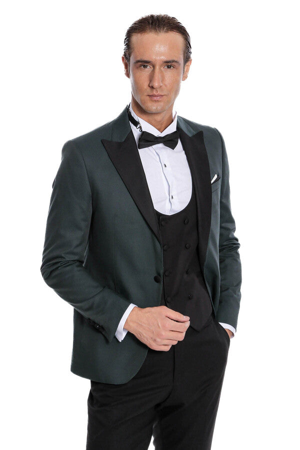 Dot Patterned Dark Green Men Tuxedo - Wessi