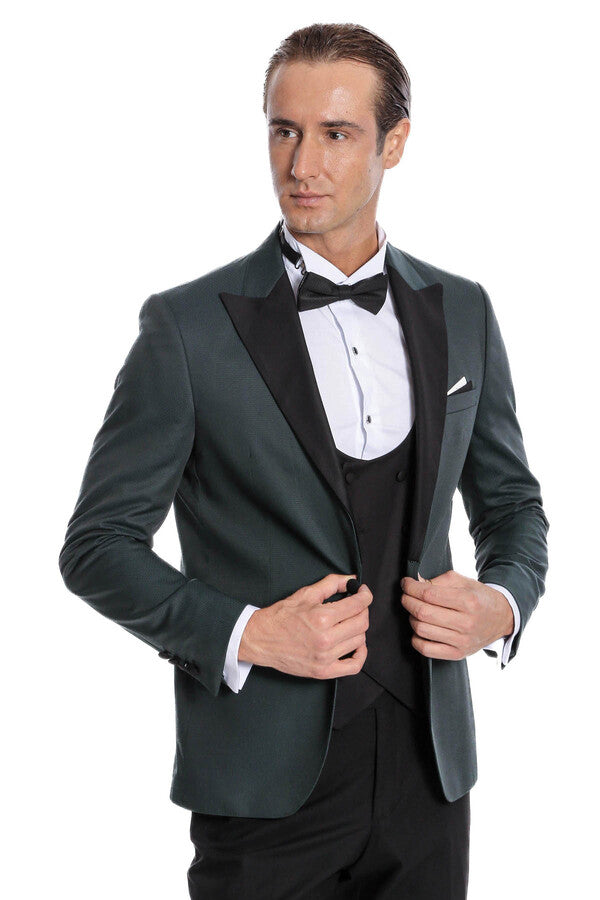 Dot Patterned Dark Green Men Tuxedo - Wessi