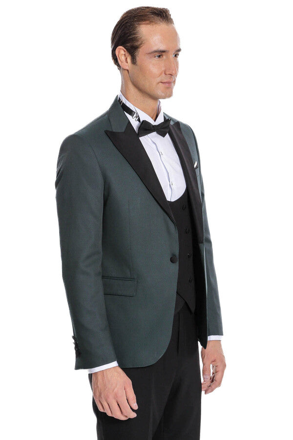 Dot Patterned Dark Green Men Tuxedo - Wessi