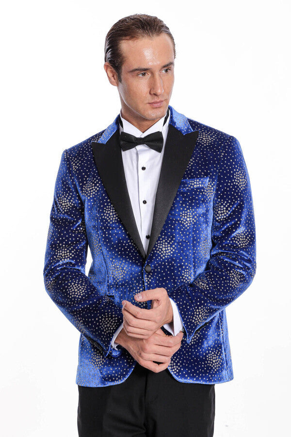 Dot Patterned Peak Lapel Blue Men Prom Blazer - Wessi