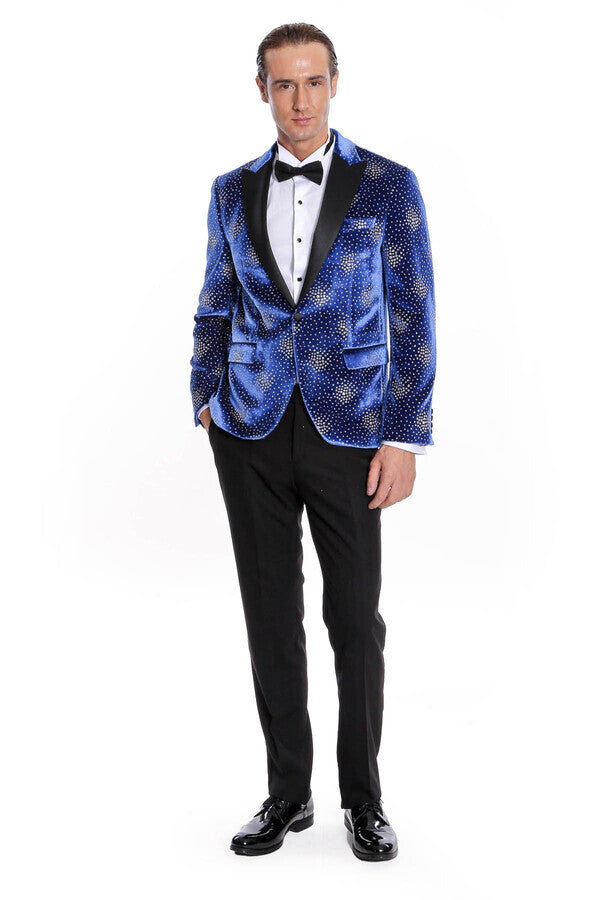 Dot Patterned Peak Lapel Blue Men Prom Blazer - Wessi