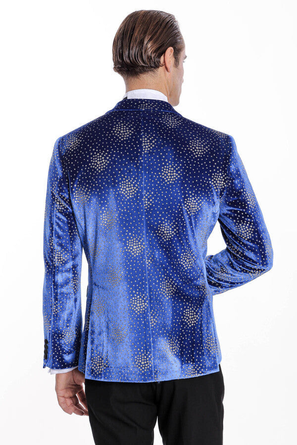 Dot Patterned Peak Lapel Blue Men Prom Blazer - Wessi