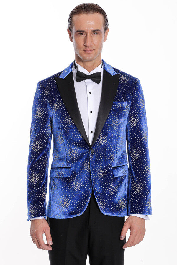 Dot Patterned Peak Lapel Blue Men Prom Blazer - Wessi