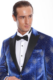 Dot Patterned Peak Lapel Blue Men Prom Blazer - Wessi