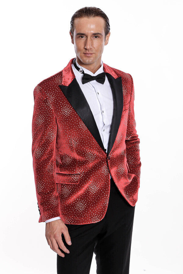 Dot Patterned Peak Lapel Burgundy Men Prom Blazer - Wessi