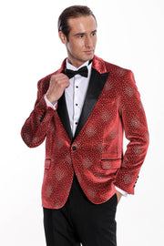 Dot Patterned Peak Lapel Burgundy Men Prom Blazer - Wessi