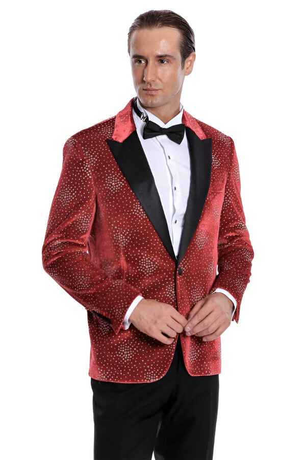 Dot Patterned Peak Lapel Burgundy Men Prom Blazer - Wessi