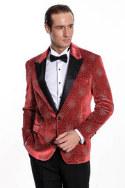 Dot Patterned Peak Lapel Burgundy Men Prom Blazer - Wessi