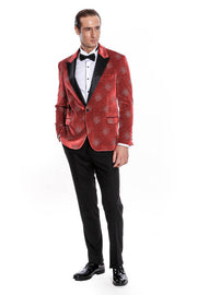 Dot Patterned Peak Lapel Burgundy Men Prom Blazer - Wessi