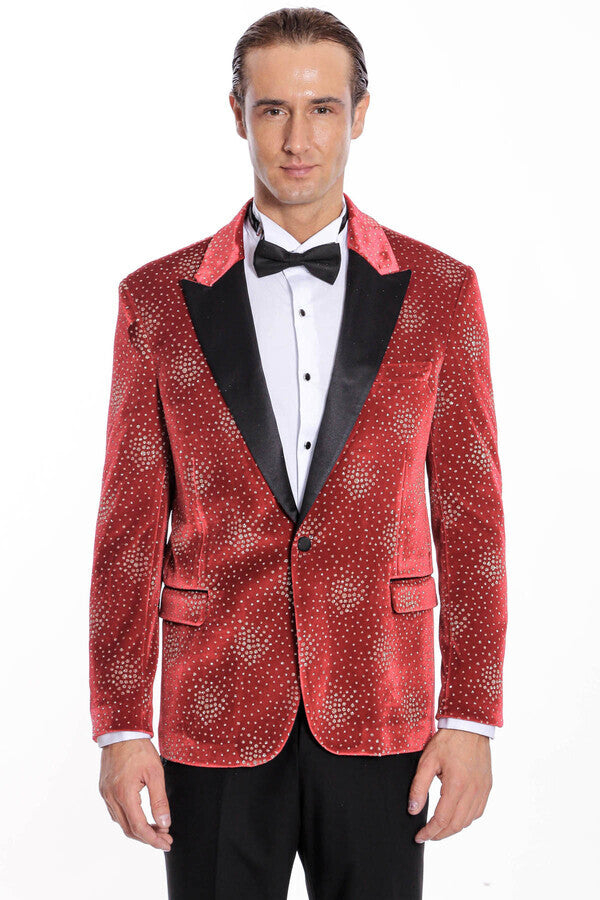 Dot Patterned Peak Lapel Burgundy Men Prom Blazer - Wessi