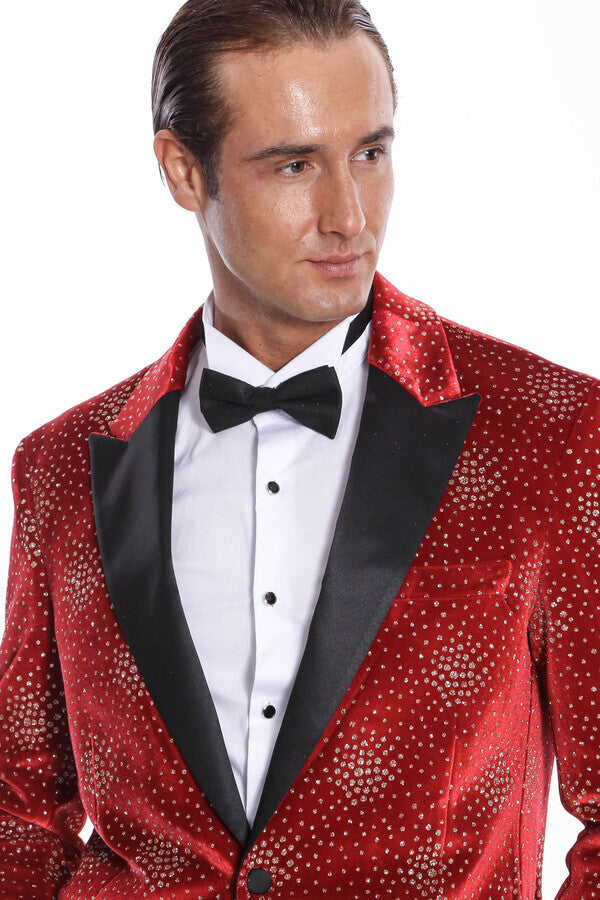 Dot Patterned Peak Lapel Burgundy Men Prom Blazer - Wessi