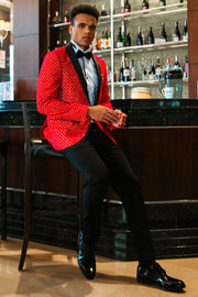 Dot Patterned Slim Fit Red Men Prom Blazer - Wessi