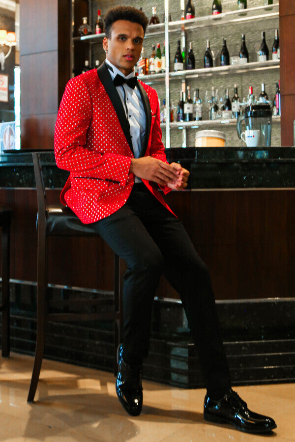 Dot Patterned Slim Fit Red Men Prom Blazer - Wessi