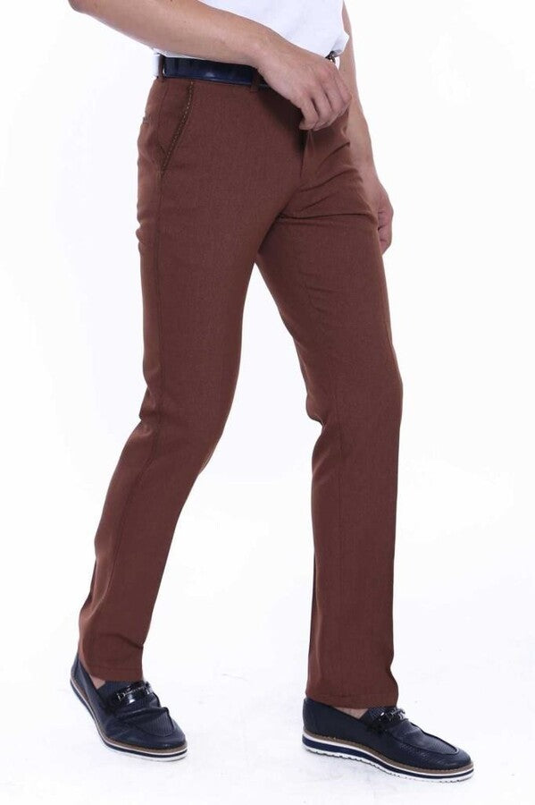 Dot Pockets Slim Fit Cotton Tan Men Pants - Wessi