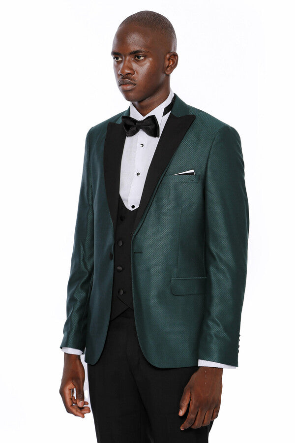 Double Breasted Patterned Green Men Tuxedo - Wessi