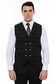 Double Breasted Plaid Black Men Vest - Wessi