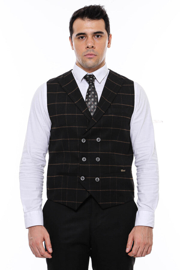 Double Breasted Plaid Black Men Vest - Wessi