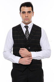 Double Breasted Plaid Black Men Vest - Wessi