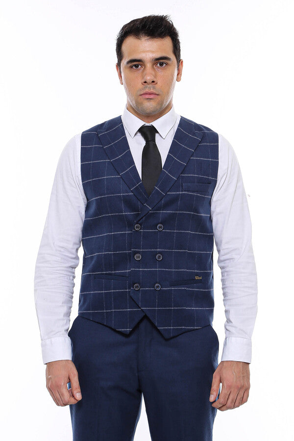 Double Breasted Plaid Blue Men Vest - Wessi