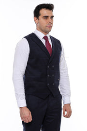 Double Breasted Plaid Navy Blue Men's Vest - Wessi