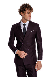 Double Breasted Plain Wide Lapel Purple Men Suit - Wessi