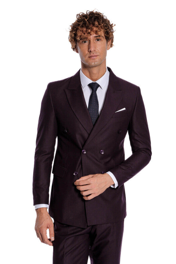 Double Breasted Plain Wide Lapel Purple Men Suit - Wessi