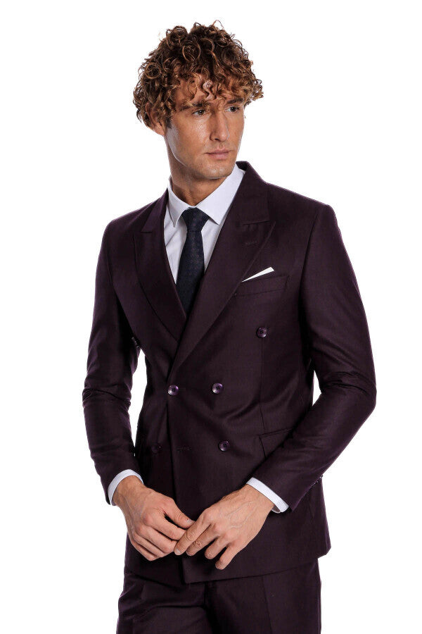 Double Breasted Plain Wide Lapel Purple Men Suit - Wessi