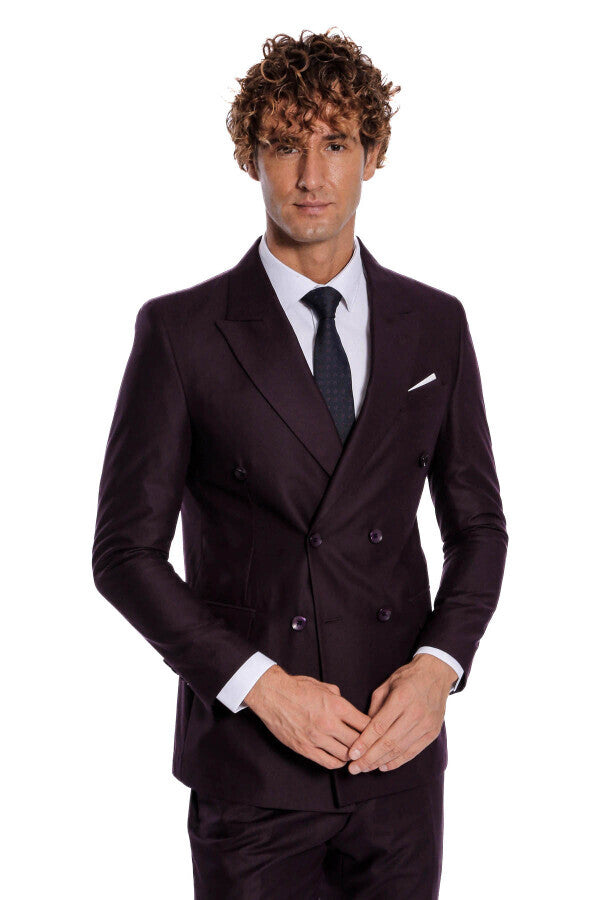 Double Breasted Plain Wide Lapel Purple Men Suit - Wessi