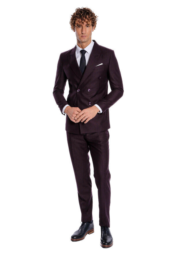 Double Breasted Plain Wide Lapel Purple Men Suit - Wessi