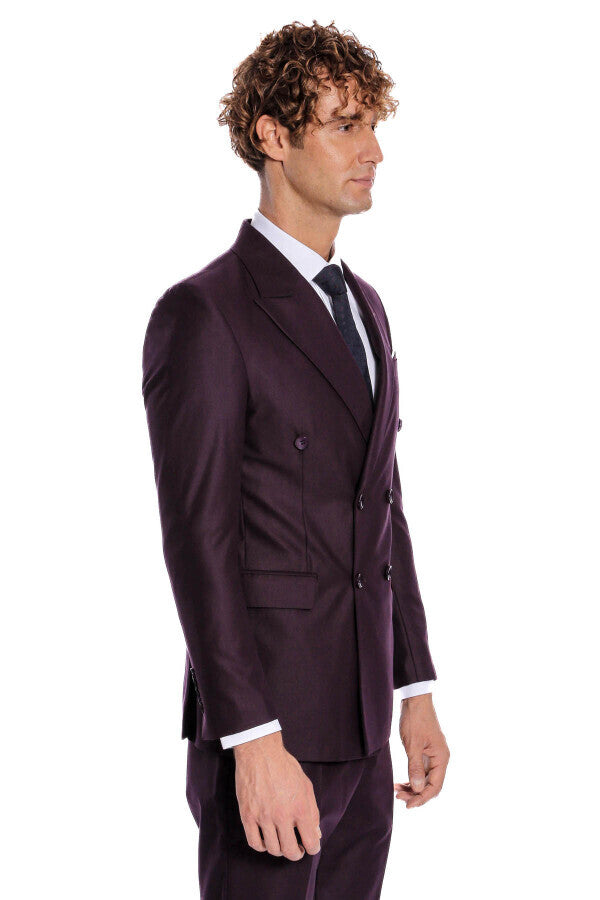 Double Breasted Plain Wide Lapel Purple Men Suit - Wessi