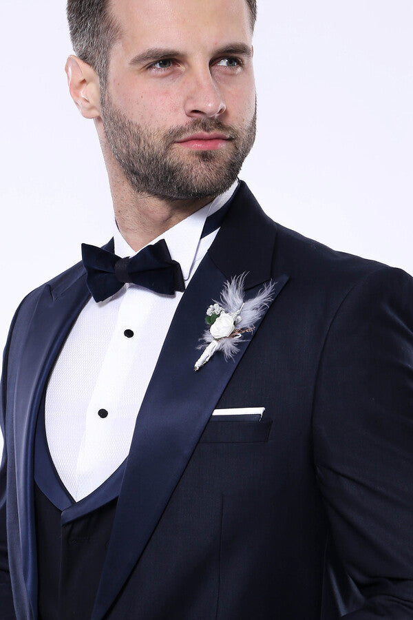 Double Breasted Satin Lapel Navy Blue Men Tuxedo - Wessi