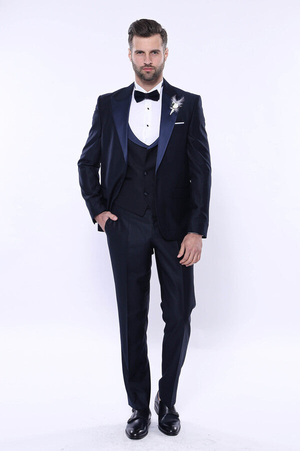 Double Breasted Satin Lapel Navy Blue Men Tuxedo - Wessi