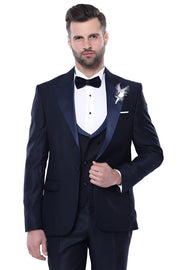 Double Breasted Satin Lapel Navy Blue Men Tuxedo - Wessi