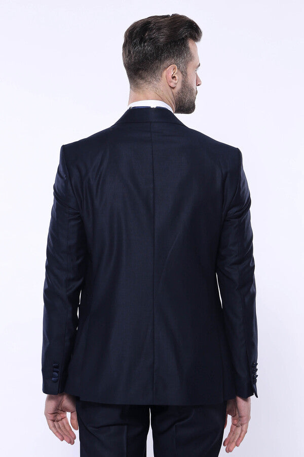 Double Breasted Satin Lapel Navy Blue Men Tuxedo - Wessi