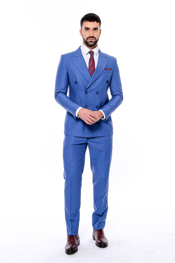 Double Breasted Slim Fit Blue Men Suit - Wessi