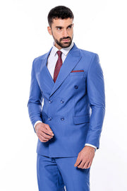 Double Breasted Slim Fit Blue Men Suit - Wessi