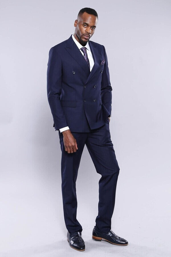 Double Breasted Slim Fit Navy Blue Men Suit - Wessi