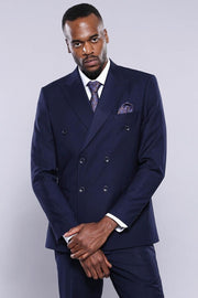 Double Breasted Slim Fit Navy Blue Men Suit - Wessi