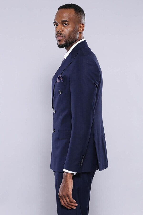 Double Breasted Slim Fit Navy Blue Men Suit - Wessi