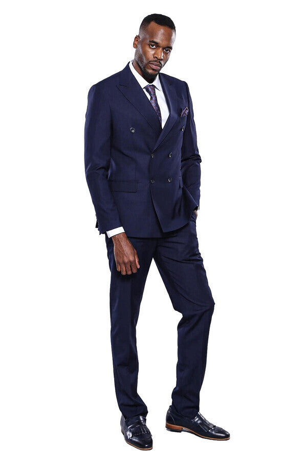 Double Breasted Slim Fit Navy Blue Men Suit - Wessi